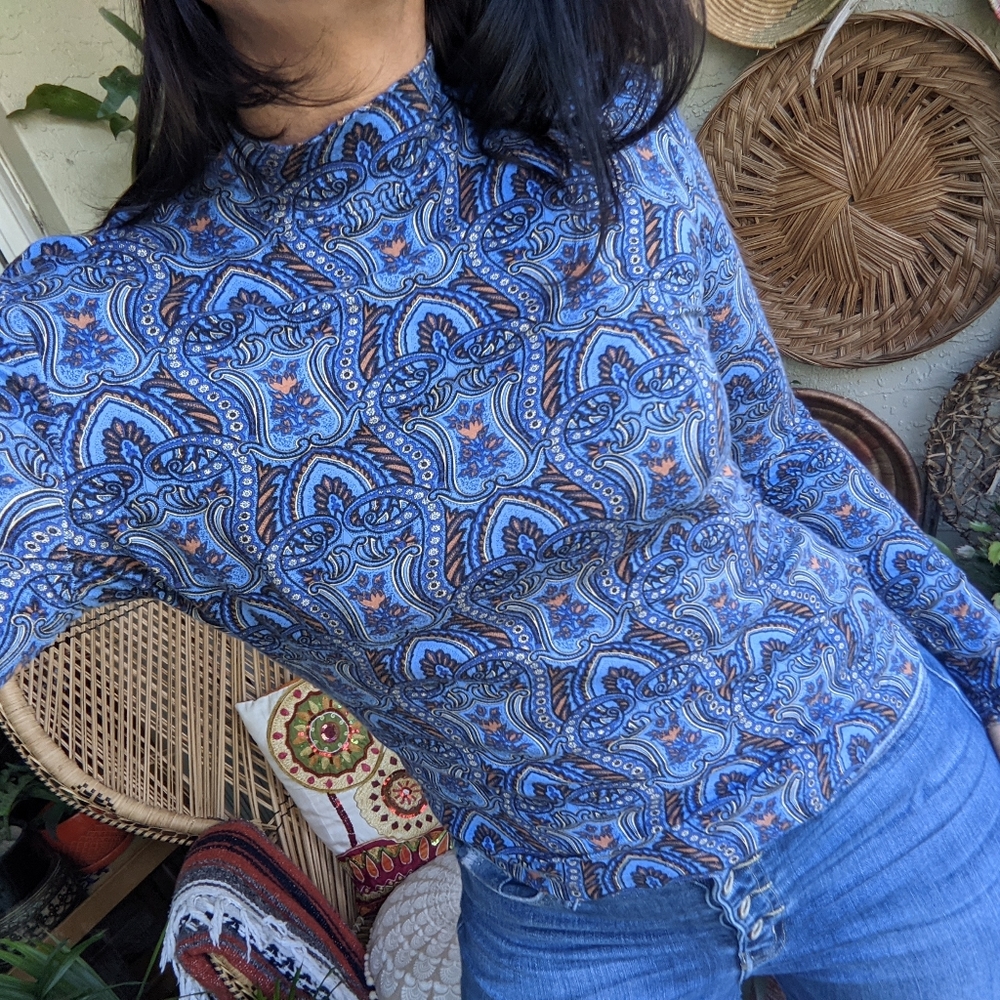Vintage 90s St. John Sport XS Blue Scroll Turtleneck  Bohemian Top